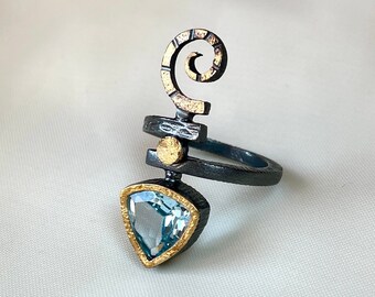 Sky Blue Topaz Ring Sterling Silver, December Birthstone Ring, Spiral Ring, Handmade Statement Rings, Two Tone Rings for Women, Gift for Her