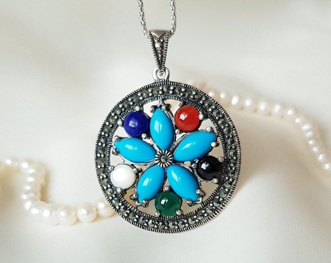 Vintage Turquoise Flower Pendant 925 Sterling Silver