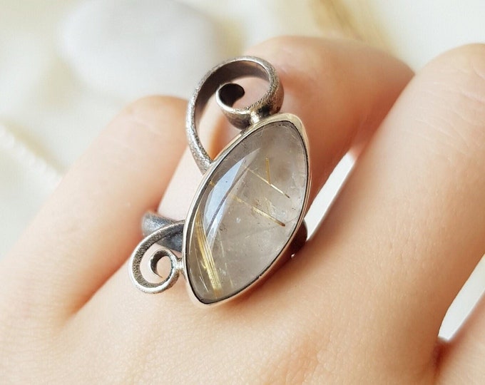 Marquise Golden Rutilated Quartz Ring 925 Sterling Silver