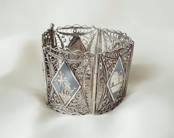 Antique Niello Panel Bracelet 925 Sterling Silver, Handcrafted Filigree Bracelet, Black Enamel Damascene Cuff, 1940s Jewelry, Siam Niello