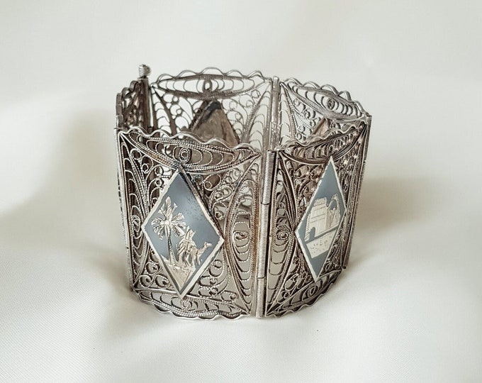 Antique Niello Panel Bracelet 925 Sterling Silver, Handcrafted Filigree Bracelet, Black Enamel Damascene Cuff, 1940s Jewelry, Siam Niello