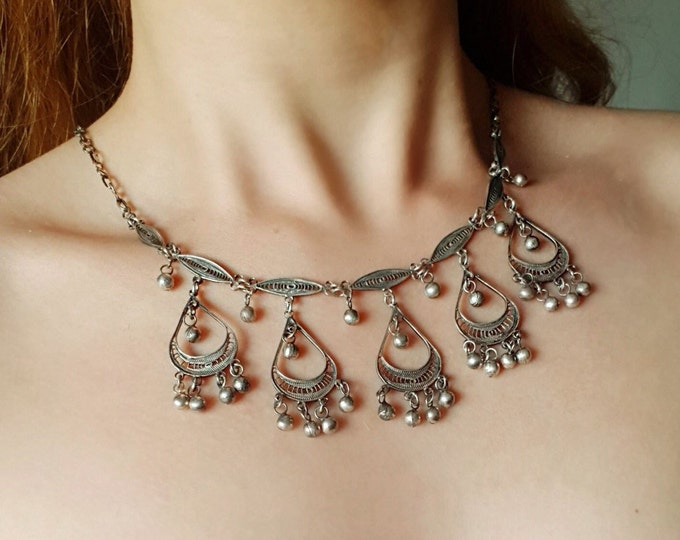 Filigree Dangling Charm Necklace with Bells Sterling Silver, Gypsy Boho Necklace, Authentic Native Necklace, Handmade Jewelry, Gift for Her