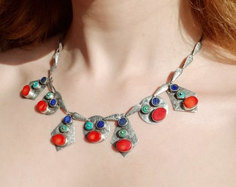 Turquoise Coral Lapis Rustic Statement Necklace 925 Sterling Silver