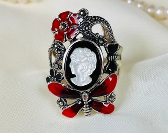 Red Cameo Ring Flower Sterling Silver, Mothers Day Gift for Her, Butterfly Ring, Victorian Mother of Pearl Cameo Statement Ring Women