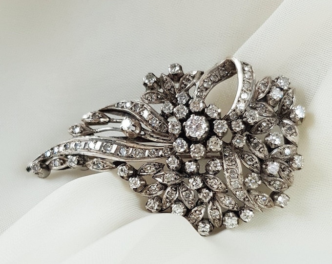 Antique Victorian Diamond Floral Spray Brooch Silver, Brilliant Cut Diamond Brooch, Anniversary Gift for Wife, Gift for Her, Gift for Mom
