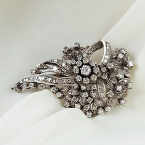 Antique Victorian Diamond Floral Spray Brooch Silver, Brilliant Cut Diamond Brooch, Anniversary Gift for Wife, Gift for Her, Gift for Mom