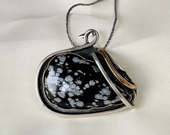 Snowflake Obsidian Black Swan Pendant Necklace 925 Sterling Silver