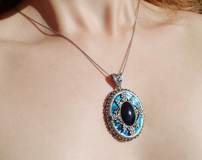 Large Blue Abalone And Onyx Pendant 925 Sterling Silver