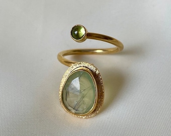 Prehnite and Peridot Ring Gold Vermeil, Green Gemstone Ring, Prehnite Dainty Boho Ring Adjustable, Handmade Ring for Women, Gift for Her