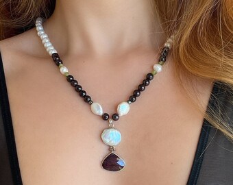 Garnet Sapphire and Pearl Beaded Necklace 925 Sterling Silver