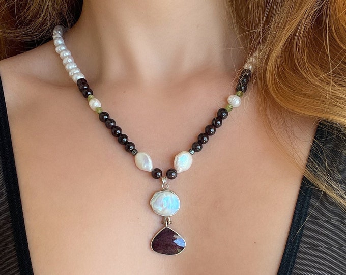 Garnet Sapphire and Pearl Beaded Necklace 925 Sterling Silver