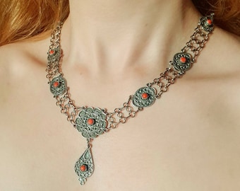 Authentic Coral Filigree Necklace 925 Sterling Silver