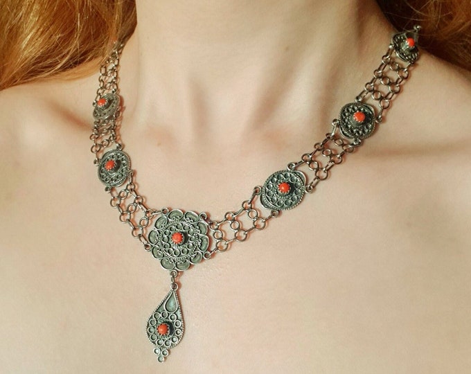 Authentic Coral Filigree Necklace 925 Sterling Silver