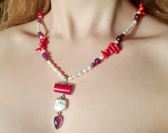 Red Coral and Pearls Statement Necklace 925 Sterling Silver