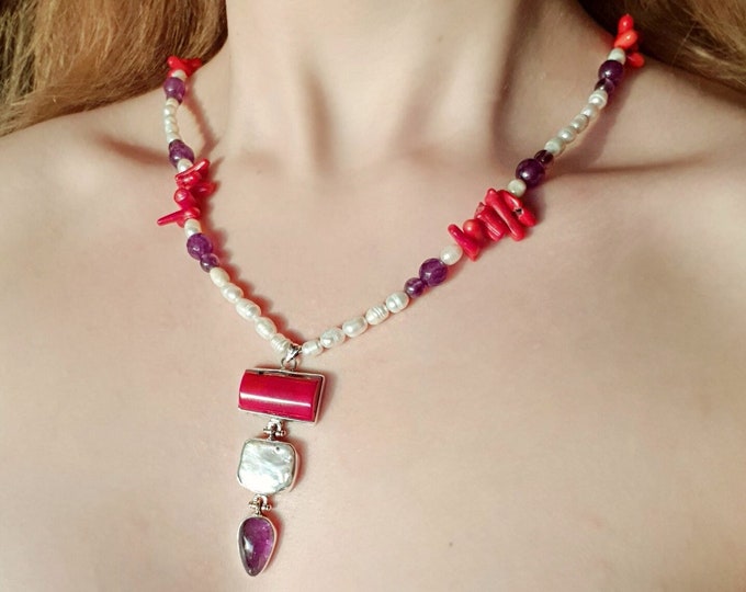 Red Coral and Pearls Statement Necklace 925 Sterling Silver