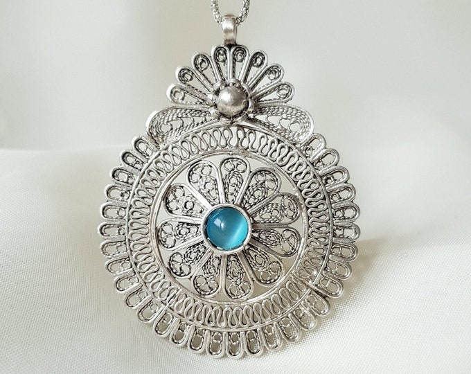 Blue Chrysoberyl Filigree Pendant 925 Sterling Silver