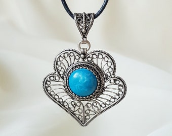 Authentic Turquoise Filigree Pendant 925 Sterling Silver, Boho Turquoise Necklace for Women, Handmade Jewelry, Mothers Day Gift for Her