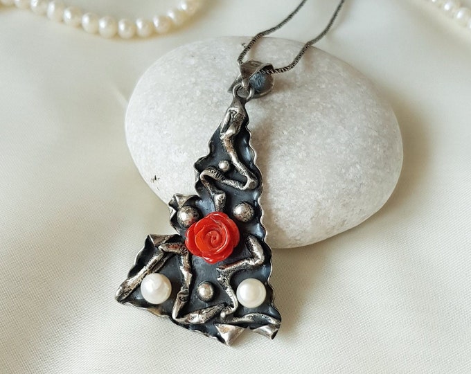 Rustic Pendant With Red Coral Rose 925 Sterling Silver