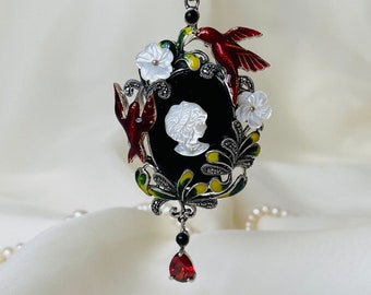 Large Cameo Pendant Sterling Silver, Flowers Birds Cameo Necklace, Victorian Jewelry, Mothers Day Gift for Her, Necklace for Nature Lover