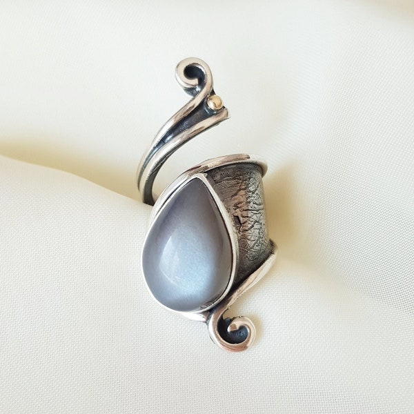 Grauer Mondstein Ring Sterling Silber, natürlicher Mondstein Ring für Frauen, verstellbarer Wickelring, handgemachter Boho Ring, Muttertagsgeschenk für Sie