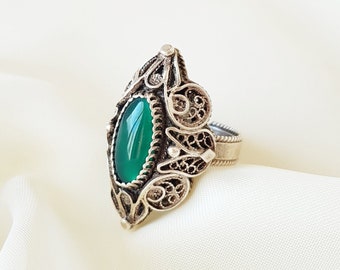 Vintage Green Agate Tulip Detailed Filigree Ring 925 Sterling Silver