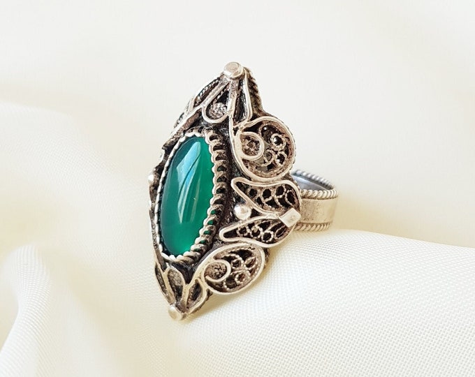 Vintage Green Agate Tulip Detailed Filigree Ring 925 Sterling Silver