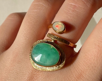 Green Chrysoprase and Opal Ring Gold Vermeil Sterling Silver