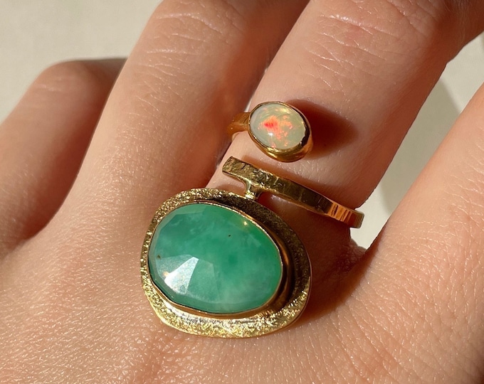 Green Chrysoprase and Opal Ring Gold Vermeil Sterling Silver