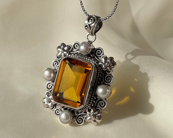 Big Citrine and Pearl Pendant 925 Sterling Silver
