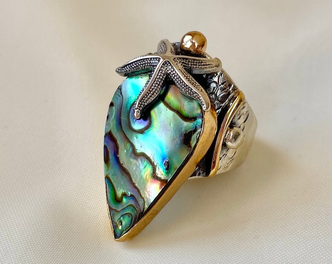 Starfish And Abalone Shell Ring Sterling Silver, Ocean Inspired Summer Ring, Handmade Boho Ring Women, Sea Ring, Mothers Day Gift for Her