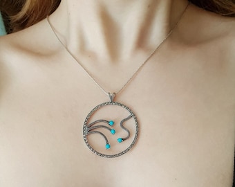 Round  Turquoise Pendant 925 Sterling Silver