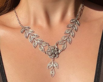 Leaves And Flower Filigree Necklace 925 Sterling Silver