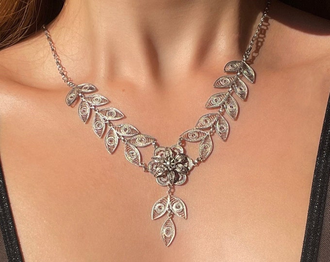 Leaves And Flower Filigree Necklace 925 Sterling Silver