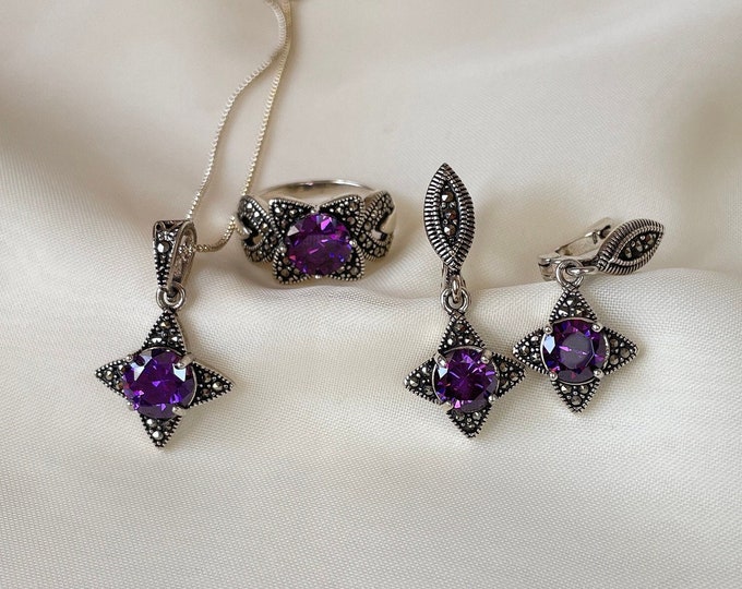 Purple Crystal Necklace Set Sterling Silver, Purple Zircon Earrings, Purple Crystal Silver Jewelry Set, Mothers Day Gift for Her
