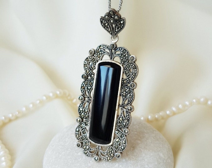 Art Deco Onyx Marcasite Rectangle Pendant 925 Sterling Silver