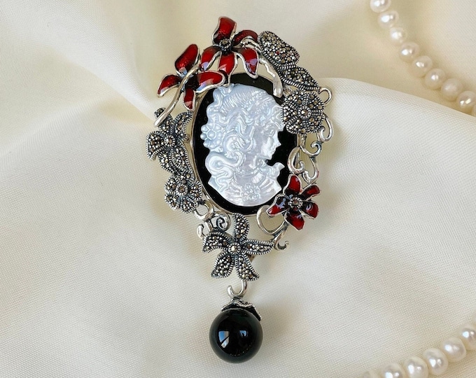 Red Floral Cameo Pendant Brooch 925 Sterling Silver