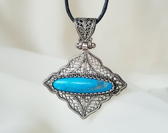 Natural Turquoise Filigree Geometric Necklace 925 Sterling Silver, Boho Necklace for Women, Western Turquoise Jewelry, Gift for Her