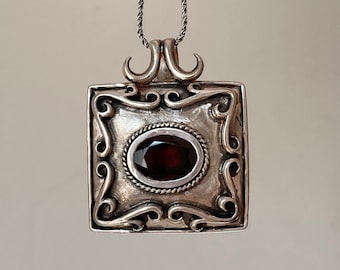 Large Square Garnet Pendant Necklace With Capricorn Horns 925 Sterling Silver