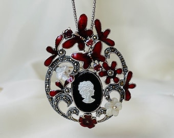 Red Floral Cameo Pendant Brooch 925 Sterling Silver