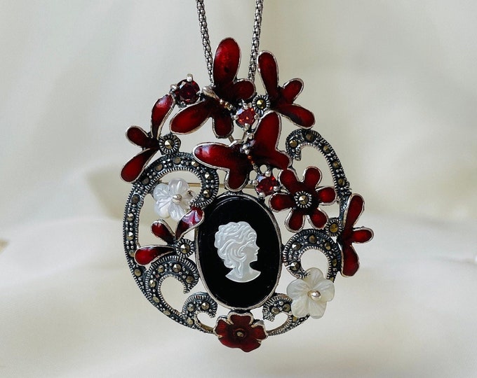 Red Floral Cameo Pendant Brooch 925 Sterling Silver