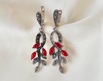 Carnelian Leaf Branch Earrings 925 Sterling Silver