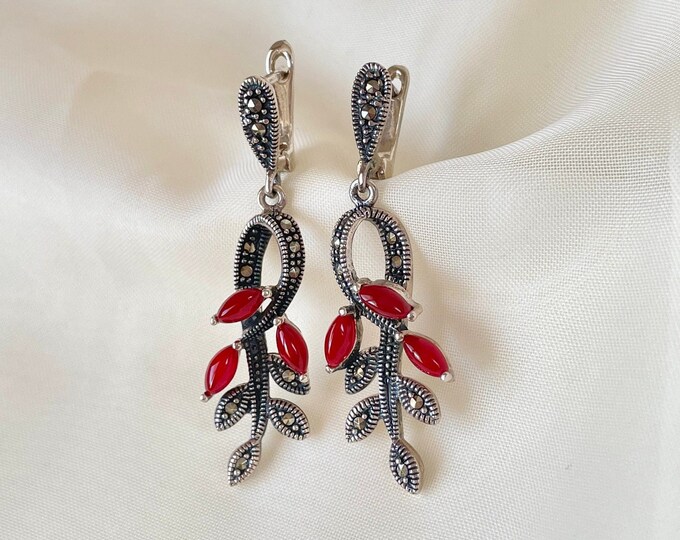 Carnelian Leaf Branch Earrings 925 Sterling Silver