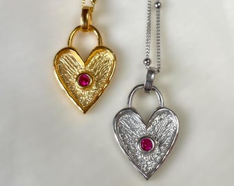 Red Zircon Heart Necklace 18k Gold Vermeil 925 Sterling Silver, Minimalist Dainty Crystal Pendant, Romantic Jewelry, Gift for Her