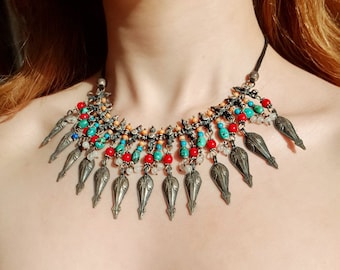 Turquoise Coral Necklace 925 Sterling Silver, Southwest Style Tribal Necklace, Bold Boho Fringe Choker Oxidized, Gift for Her