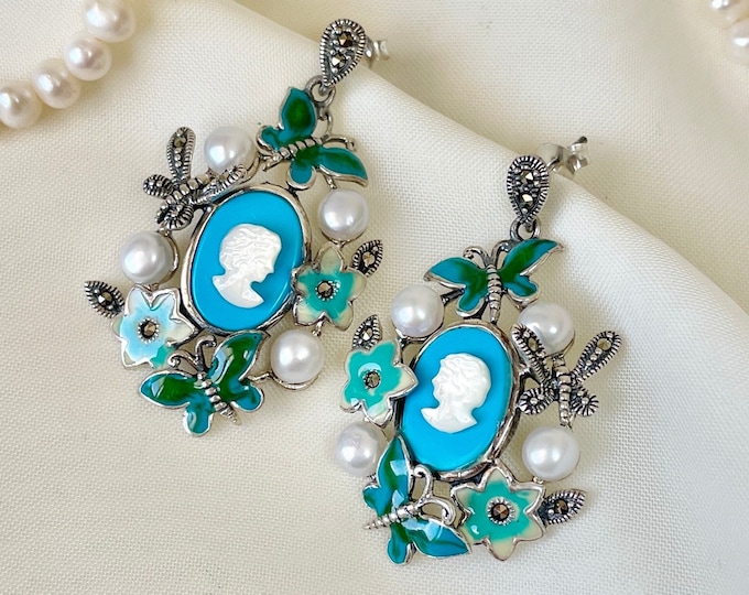 Turquoise and Pearl Earrings Sterling Silver, Victorian Cameo Dangle Earrings, Mother of Pearl Earrings, Floral Earrings, Gift for Her