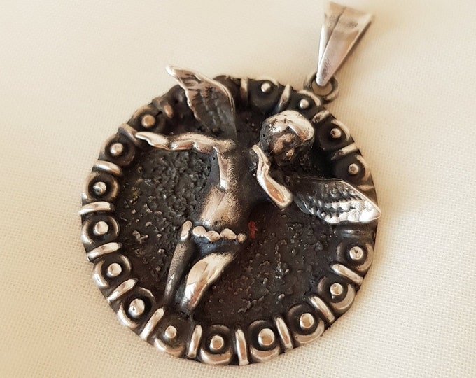 Rustic Angel Medallion Pendant 925 Sterling Silver