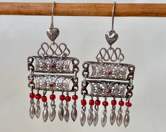 Bohemian Dangle Earrings 925 Sterling Silver, Handmade Filigree Earrings Women, Red Beaded Ethnic Earrings, Boho Chic Earrings