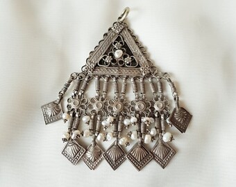 Antique Ethnic Triangle Pendant With Pearls 925 Sterling Silver