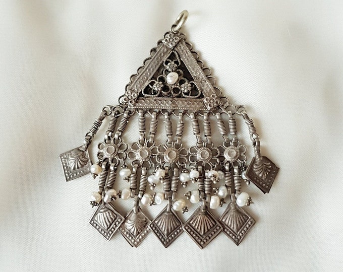 Antique Ethnic Triangle Pendant With Pearls 925 Sterling Silver