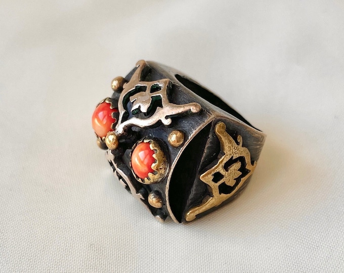 Bold Rustic Statement Ring Sterling Silver, Authentic Large Coral Ring, Ottoman Jewelry, Handmade Unisex Boho Ring